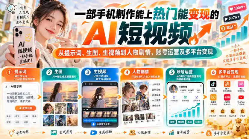《手机AI短视频全链路实操，零基础也能出片变现》-猴哥资源站
