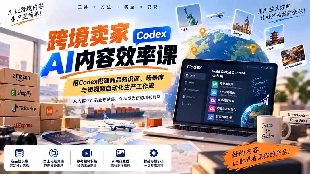 《跨境电商AI内容工作流：Codex实战搭建商品库到出单视频全闭环》-猴哥资源站