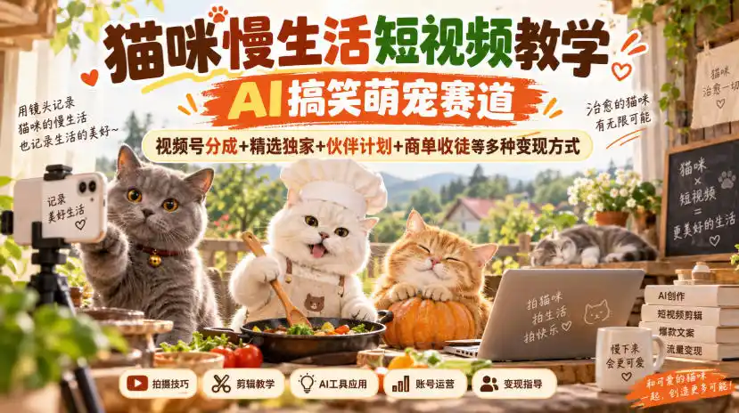 《AI猫咪慢生活短视频实战，视频号分成+带货+商单多重变现》-猴哥资源站