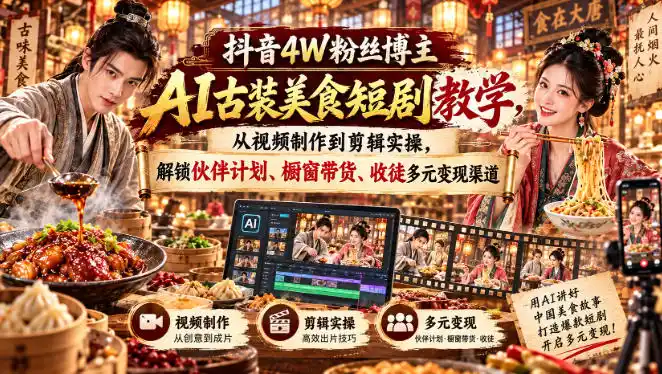 《AI古装美食短剧全流程实操,零拍摄成本批量出片多元变现》-猴哥资源站