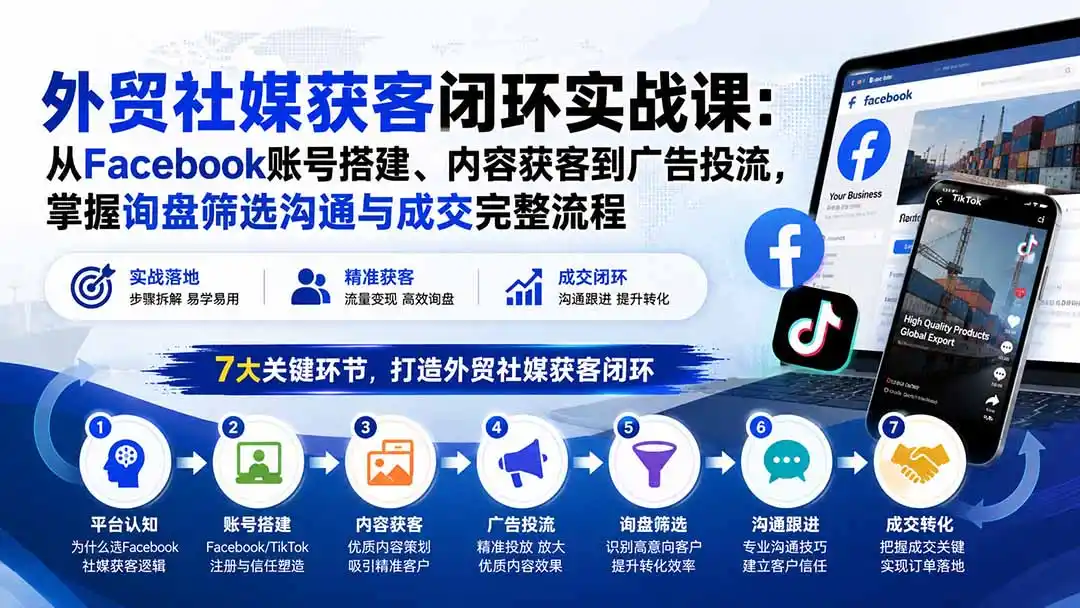《外贸社媒获客闭环实战课：从账号搭建到询盘成交，零基础跑通客户开发全流程》-猴哥资源站