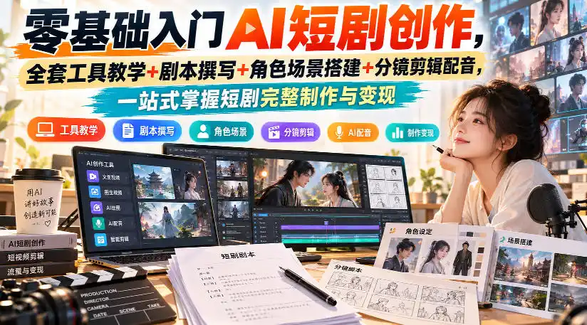 《零基础AI短剧全流程实战，不拍摄不剪辑也能批量出片变现》-猴哥资源站