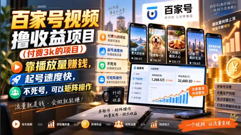 《百家号视频撸收益，零基础批量起号，单号日入200+矩阵放大》-猴哥资源站