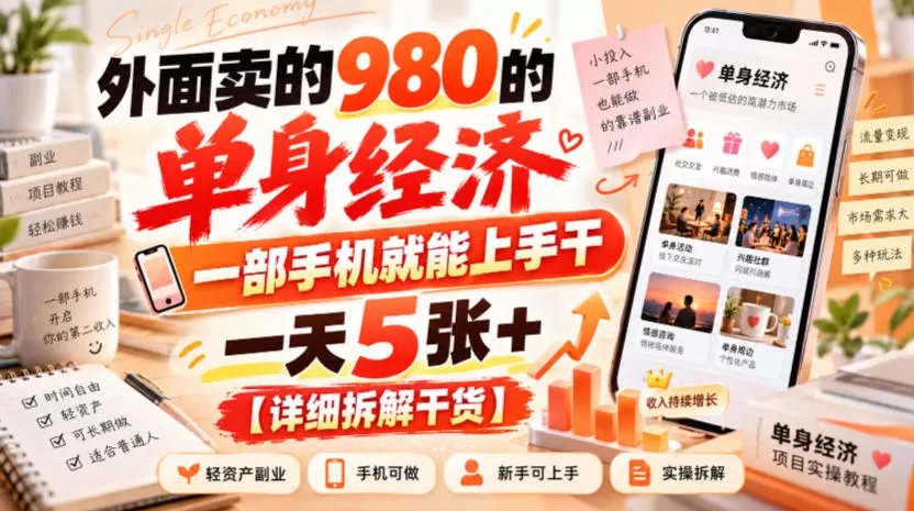 《单身经济流量掘金：一部手机截流付费进群，日入5张+全自动》-猴哥资源站