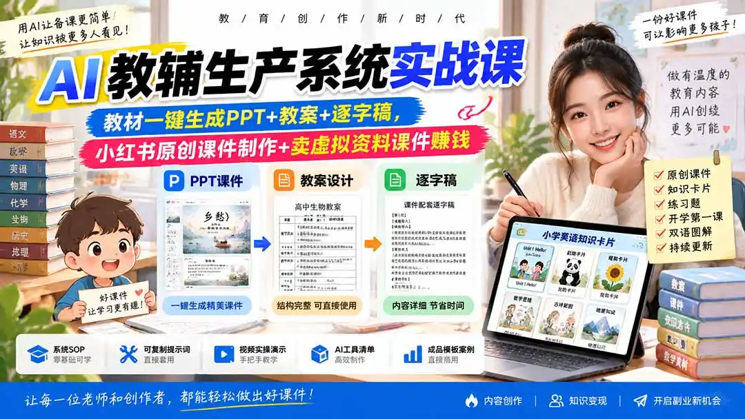 《AI教辅生产系统：教材秒变课件教案，虚拟资料变现全攻略》-猴哥资源站
