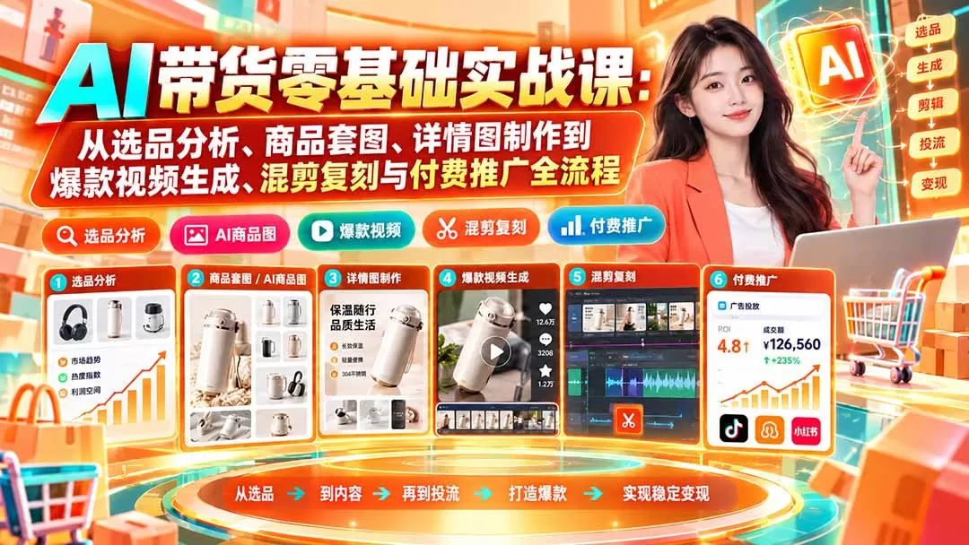 《AI带货全链路实战：零基础选品生图出片，投流推广全攻略》-猴哥资源站