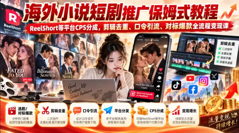 《海外短剧CPS分成实战：剪辑去重+口令引流，一单分成55%-70%》-猴哥资源站