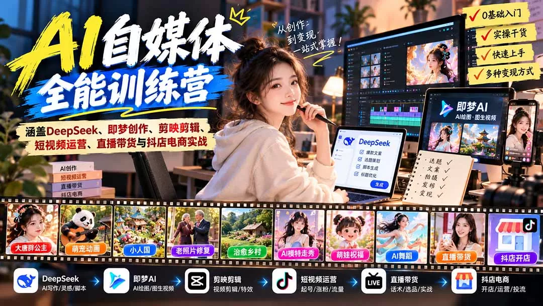 《AI+自媒体全链路实战：30种爆款玩法+直播带货变现攻略》-猴哥资源站
