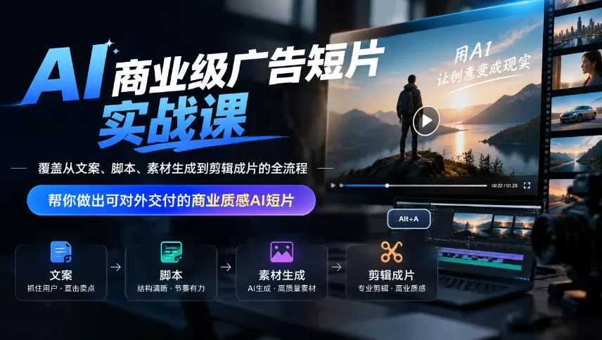 《AI商业广告短片实战：从文案脚本到成片交付全流程拆解》-猴哥资源站