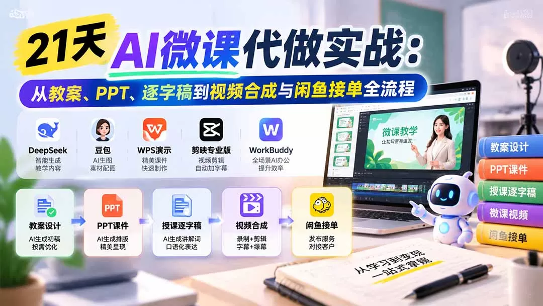 《AI微课制作全栈实操：零基础接单教案课件视频，单月多赚6000+》-猴哥资源站
