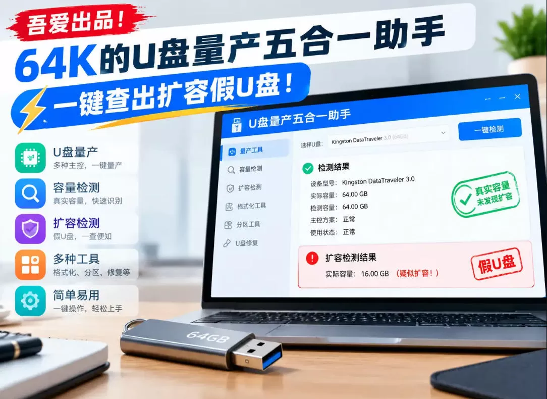 《64K神器一键识破扩容假U盘，量产修复五合一实战攻略》-猴哥资源站