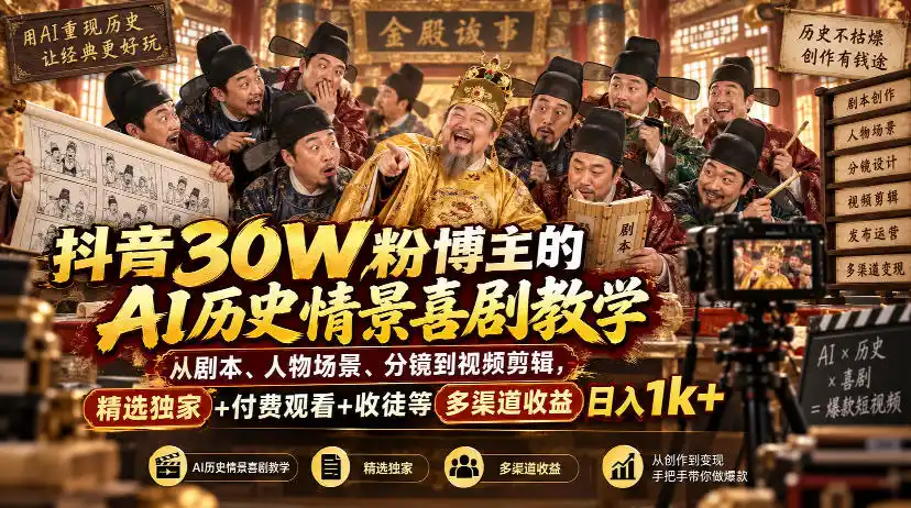 《AI历史情景喜剧全链路攻略，日入1k+收徒多渠道变现》-猴哥资源站
