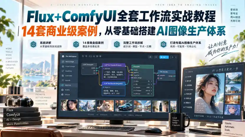 《Flux+ComfyUI商业工作流实战，14套案例零基础搭建AI图像生产体系》-猴哥资源站