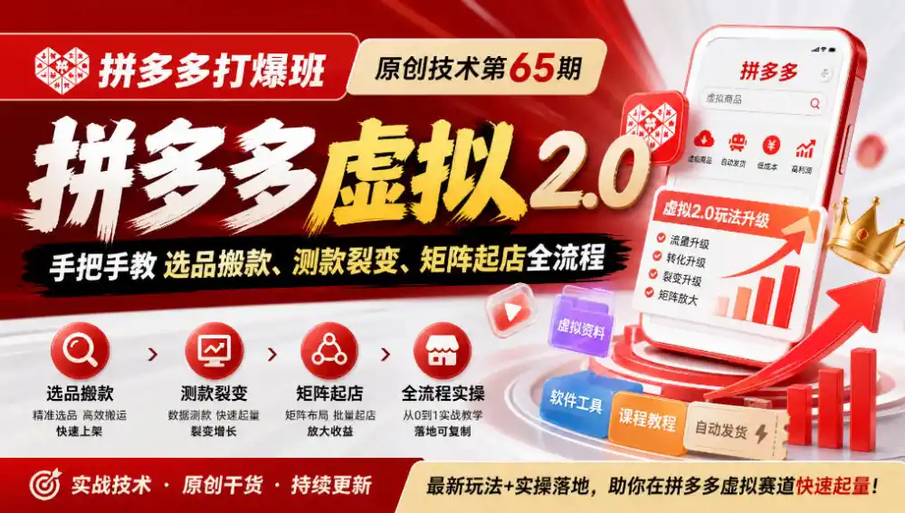 《拼多多虚拟2.0打爆班：低价铺货+高价怼量，多店矩阵自动变现》-猴哥资源站