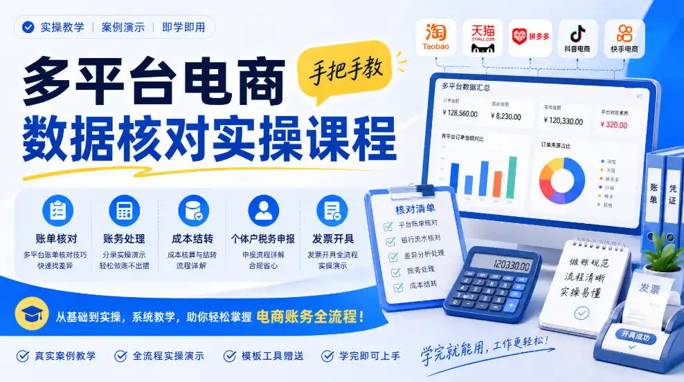 《多平台电商对账做账+税务申报，零基础也能独立搞定》-猴哥资源站