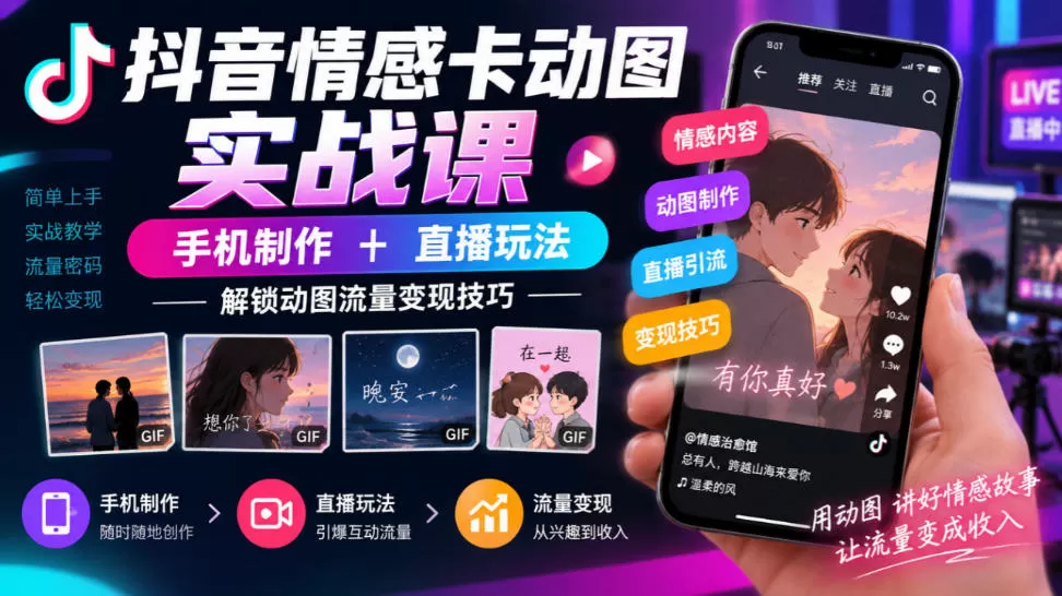 《手机做情感卡动图，短视频+直播间双变现，新手也能轻松起号》-猴哥资源站