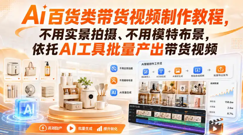 《AI百货带货视频全流程实操，零实拍零布景批量产出爆款素材》-猴哥资源站