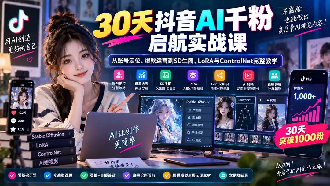 《抖音AI涨粉实战体系：SD绘画+矩阵运营，零基础不露脸30天破千粉》-猴哥资源站
