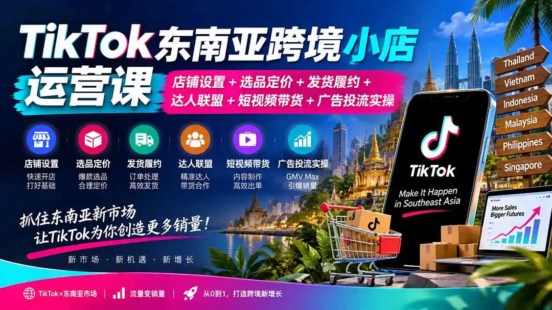 《东南亚TK小店全链路实战：选品定价到达人投流一站式打通》-猴哥资源站