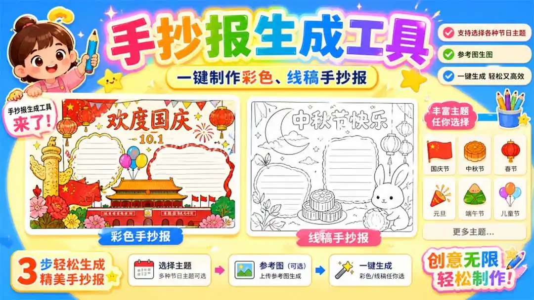 《手抄报批量生成神器：全节日免费出图，高清线稿彩图一次搞定》-猴哥资源站