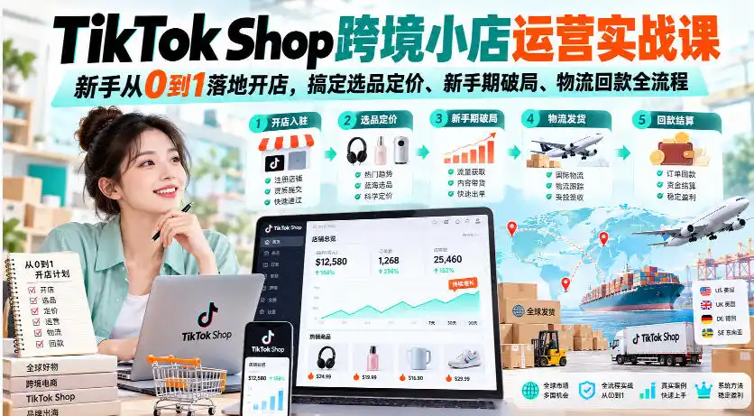 《TikTok跨境小店从0到1，新手也能跑通开店选品物流回款全链路》-猴哥资源站