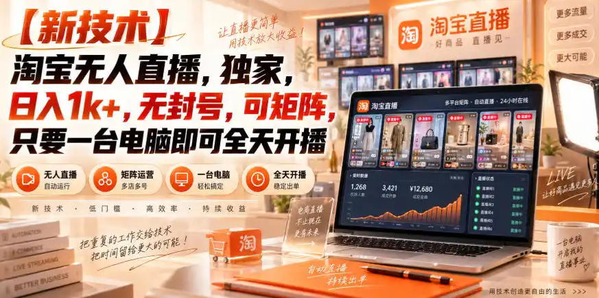 《淘宝无人直播蓝海掘金，一台电脑全天开播日入过千》-猴哥资源站
