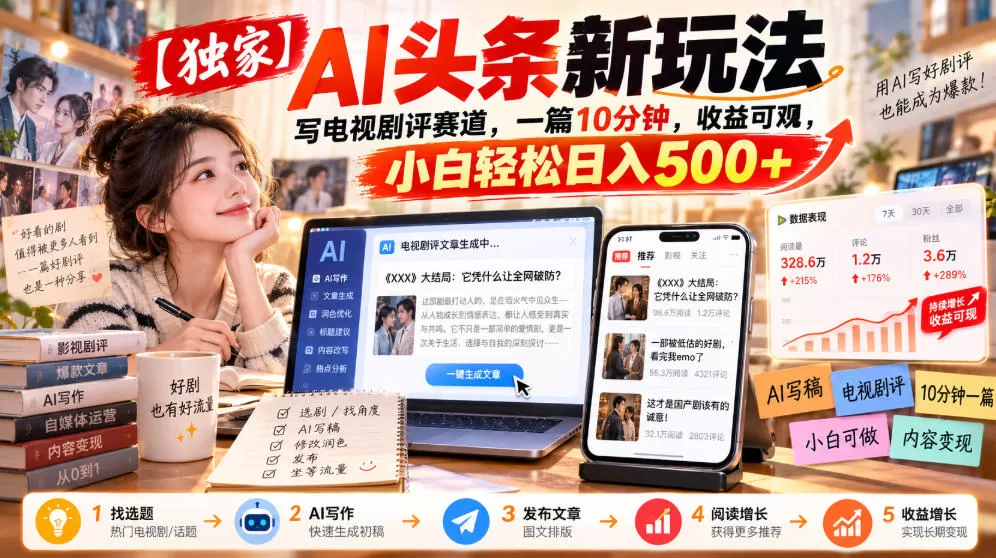 《AI头条剧评新玩法，10分钟一篇，小白也能日入500+》-猴哥资源站