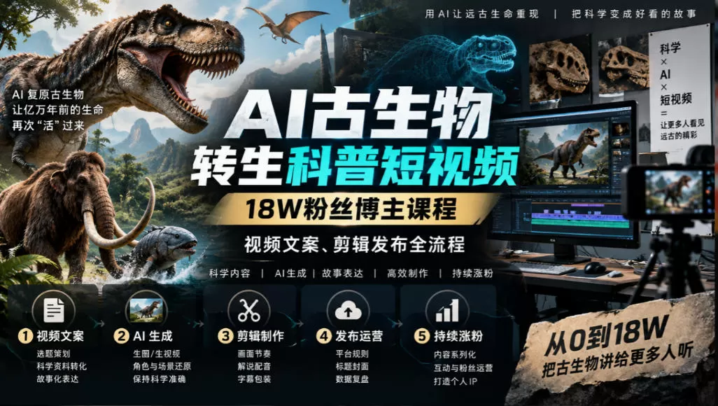 《AI古生物转生科普，零基础做爆款涨粉18W实战攻略》-猴哥资源站