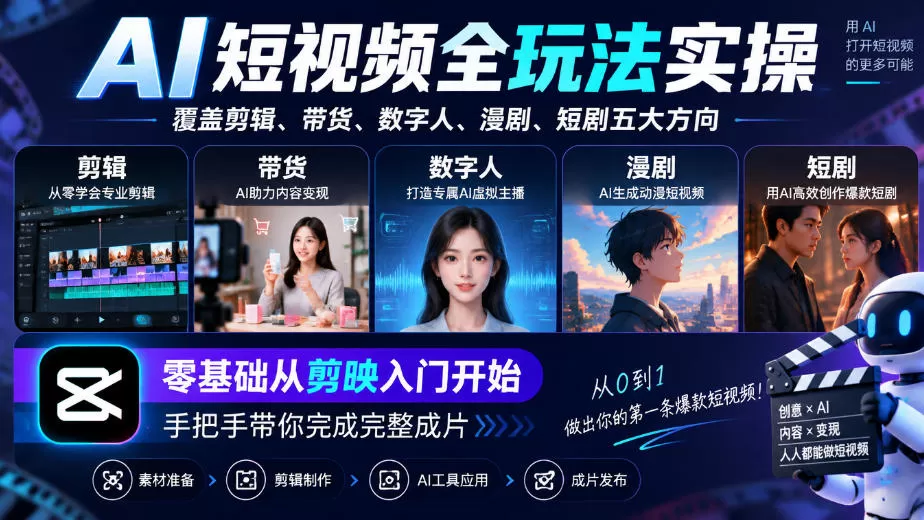 《AI短视频五大赛道全玩法，零基础从剪映到漫剧短剧一套打通》-猴哥资源站