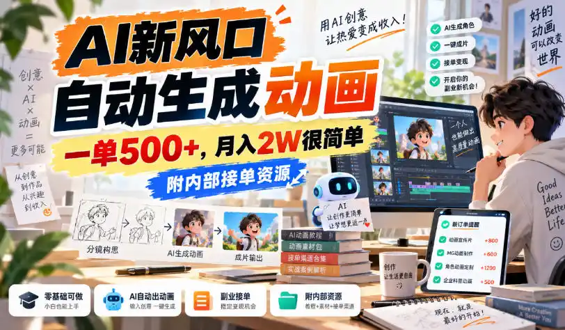 《AI自动生成教案动画,零基础一单500+月入2W附接单资源》-猴哥资源站