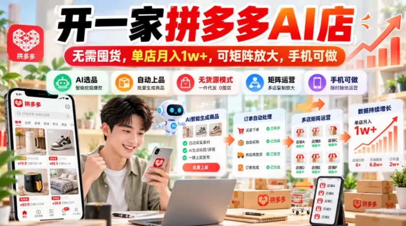 《拼多多AI店百店计划：手机开店零囤货，单店月入1W+可矩阵放大》-猴哥资源站