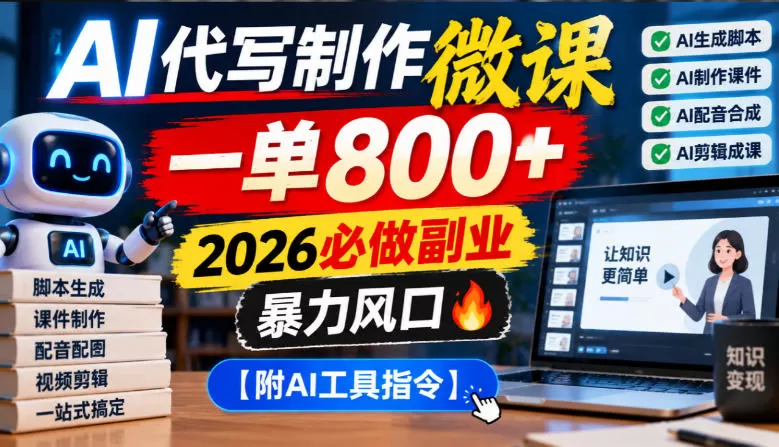 《AI代写微课一单800+，2026蓝海副业暴力风口全拆解》-猴哥资源站