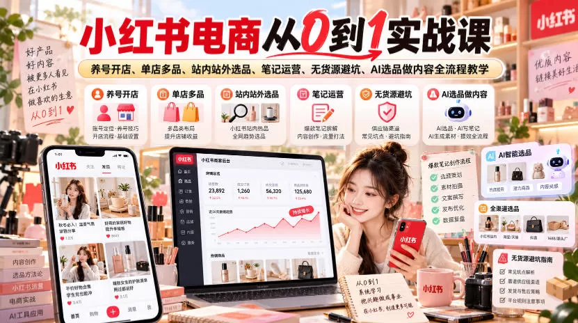 《小红书电商从0到1全链路实操，无货源+虚拟资料双赛道变现攻略》-猴哥资源站