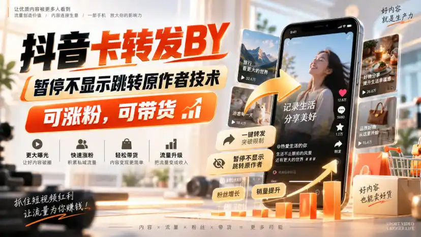 《抖音卡转发搬运黑科技，暂停不跳转原作者，涨粉带货两不误》-猴哥资源站