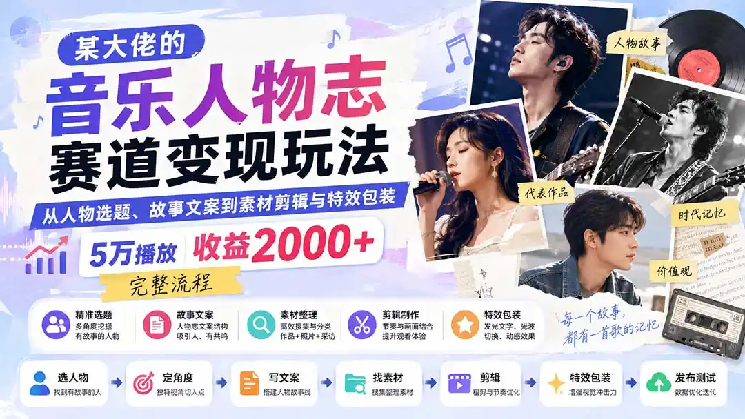 《音乐人物志视频号变现全攻略：选人+文案+特效，新手也能稳定出爆款》-猴哥资源站