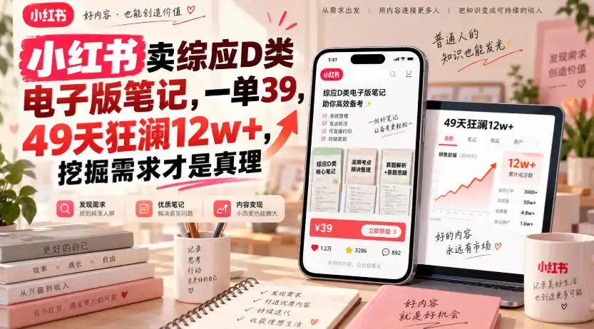 《小红书卖综应D类笔记，一单39元，49天狂揽12w+的轻资产玩法》-猴哥资源站