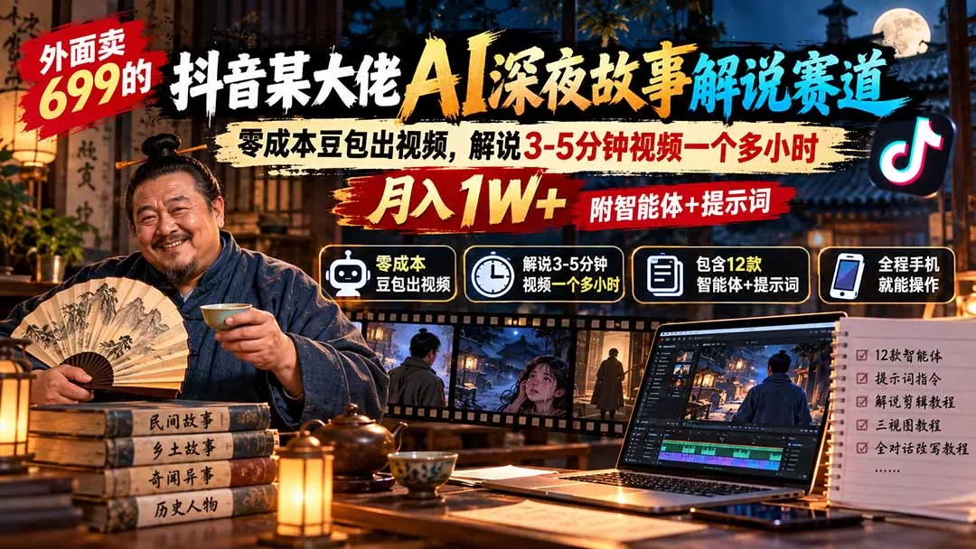 《AI深夜故事解说，豆包零成本出片，手机党月入1-3W实战》-猴哥资源站