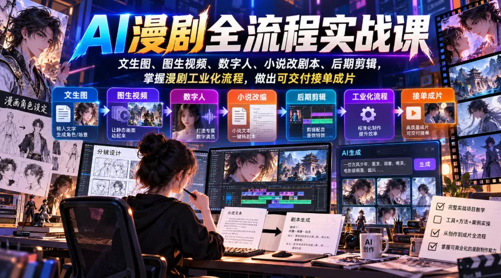 《AI漫剧全流程实战：从文生图到成片交付，零基础接单变现》-猴哥资源站