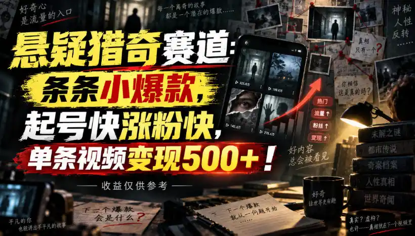 《AI悬疑猎奇视频全自动玩法，起号快涨粉猛单条变现500+》-猴哥资源站