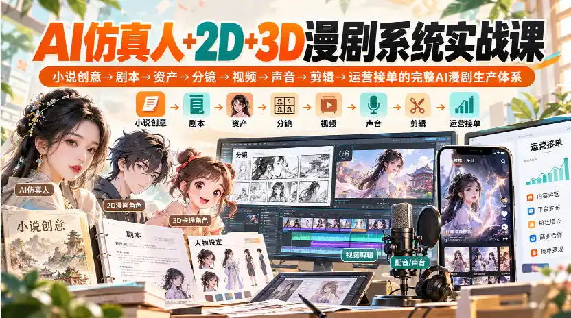 《AI仿真人+2D+3D漫剧全流程实战，小说到成片一人搞定》-猴哥资源站