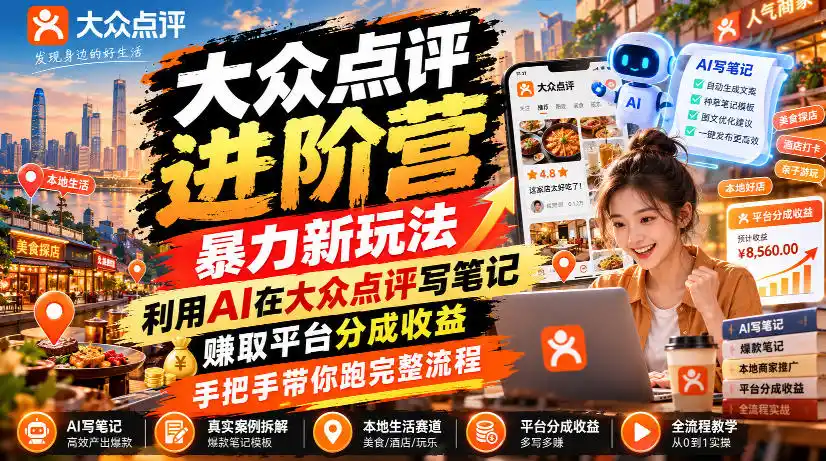 《大众点评AI笔记新玩法，零基础多号矩阵放大稳定变现》-猴哥资源站