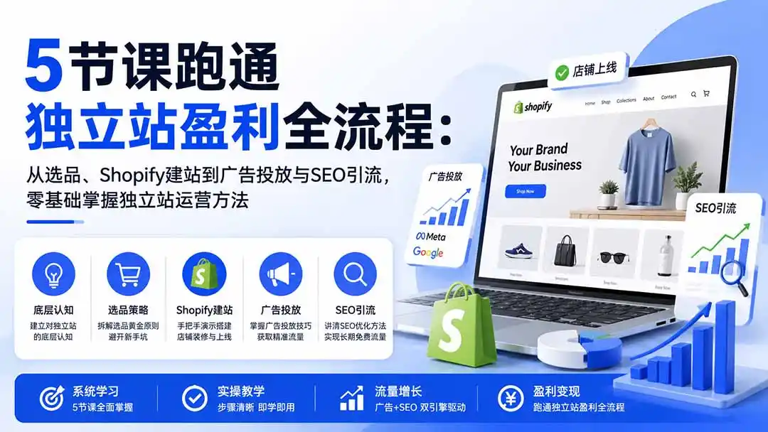 《独立站0基础跑通全流程，5节课搞定选品建站引流稳赚美金》-猴哥资源站
