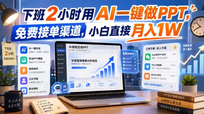 《AI一键做PPT副业全攻略，免费接单渠道，下班2小时月入1W》-猴哥资源站