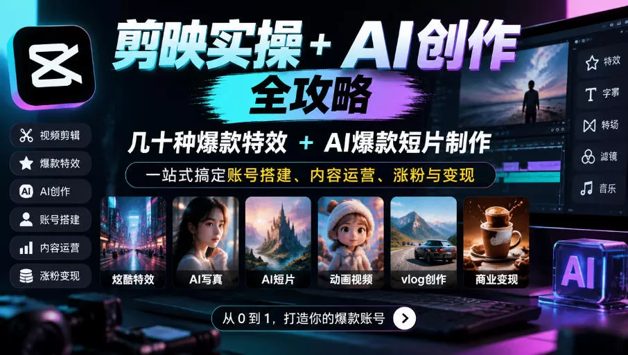 《剪映+AI爆款特效全攻略，零基础批量出片玩转短视频变现》-猴哥资源站