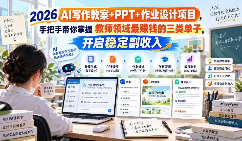 《AI教案PPT作业设计实操，教师副业单子一单几百》-猴哥资源站