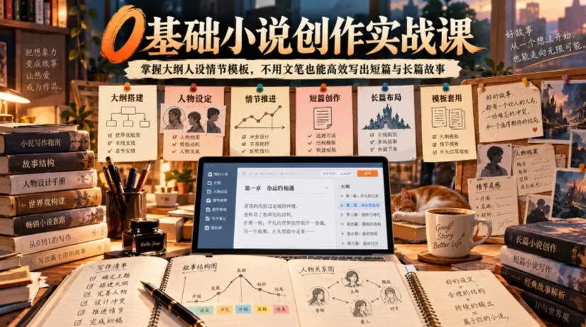 《零基础小说创作体系：大纲人设情节模板全拆解，短篇长篇高效出稿》-猴哥资源站
