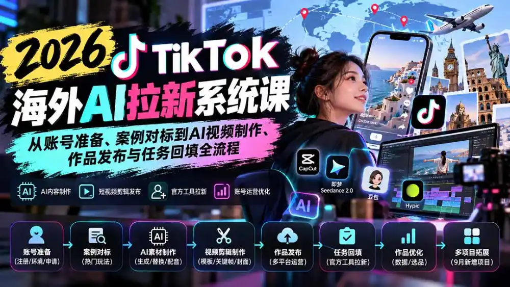 《TikTok海外拉新+AI全栈实战，零基础多平台矩阵放大变现》-猴哥资源站
