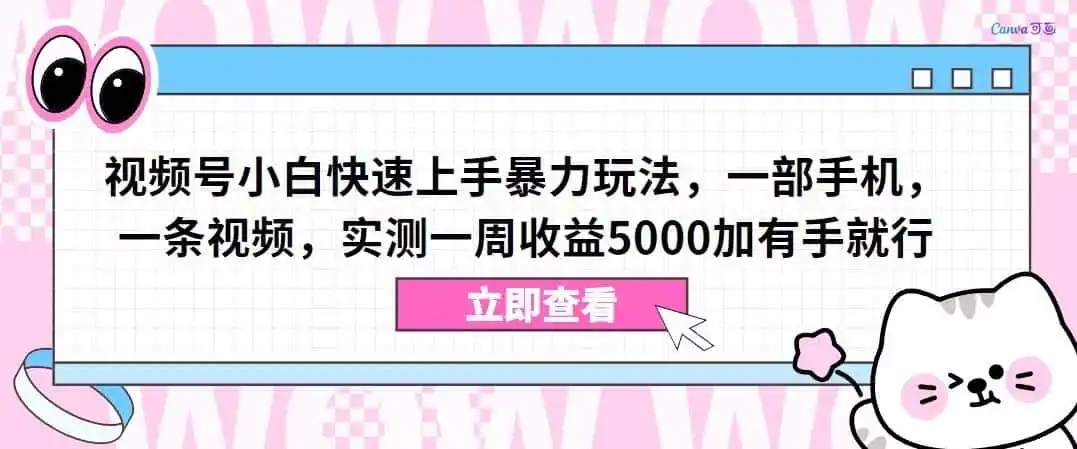 《视频号蓝海暴力玩法，一部手机一条视频，实测一周收益5000+》-猴哥资源站