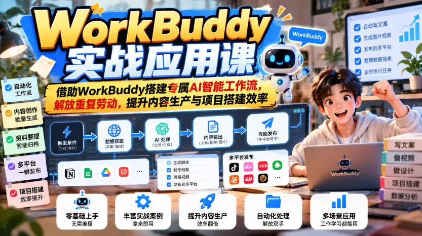 《WorkBuddy实战：搭AI自动化工作流，公众号+小程序双项目落地》-猴哥资源站