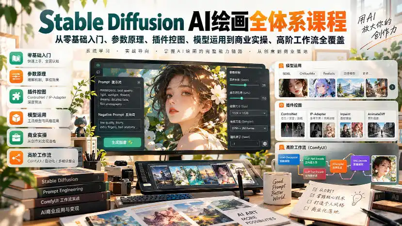 《SD AI绘画全体系实操，零基础到商用接单全覆盖》-猴哥资源站
